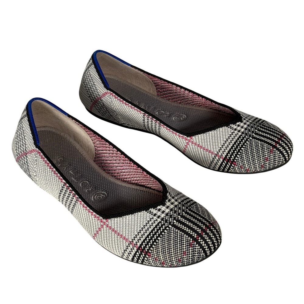 Rothys The Flat Gray Black Glen Plaid Pink Accent Ballet Flats Womens 9.5